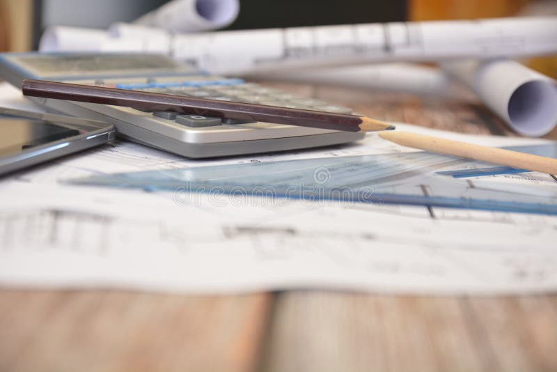 Work Tools for Architects Engineer on Project Design Costruction Building House Stock Image