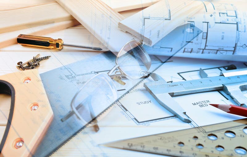 Work tools and blueprints stock image Work tools and blueprints stock image