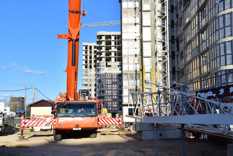 Work of Truck Crane on Construction Site Project Works. Installation of