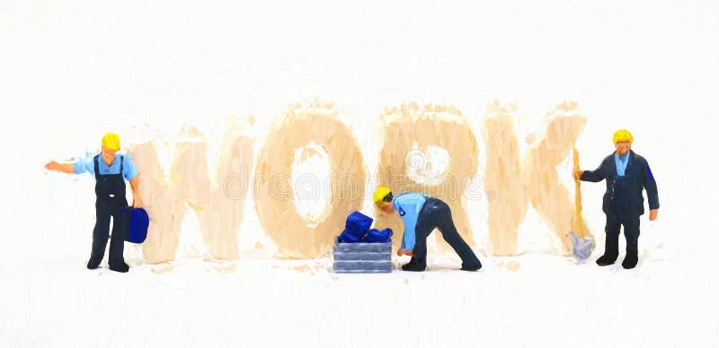 Work word and small workers digital illustration. Blue collar work concept scene. Small figurine workers stock photos