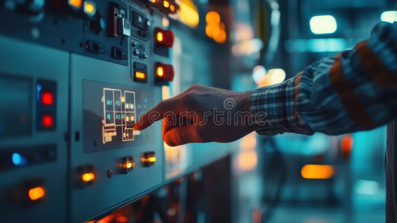 A worker adjusts a small control panel adorned with LED indicators highlighting the transition from manual to automated controls in contemporary manufacturing settings. Controls automation stock images, royalty-free photos and pictures
