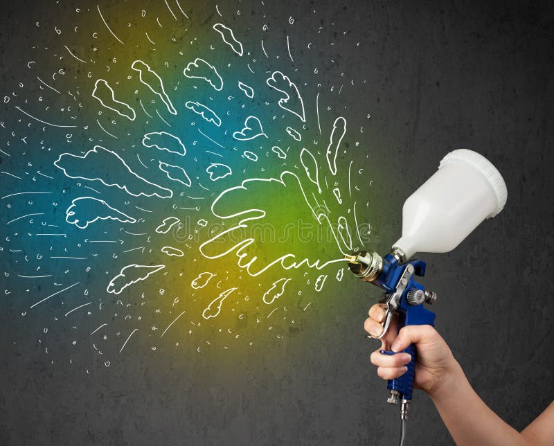 Worker with Airbrush Gun Paints Colorful Lines and Splashes Stock Photo