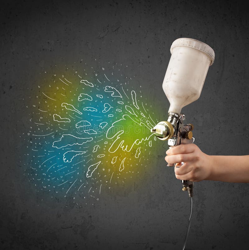 Worker with Airbrush Gun Paints Colorful Lines and Splashes Stock Photo