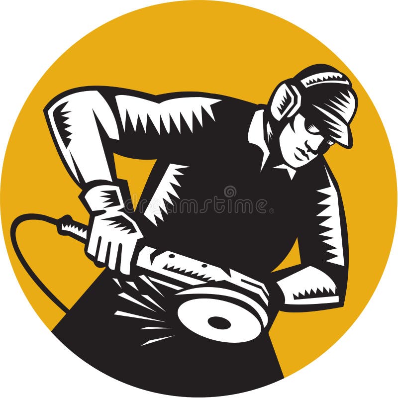 Worker Angle Grinder Oval Woodcut stock illustration