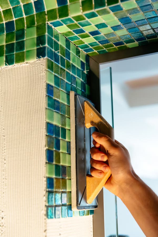 Worker Applying Mosaic Tiles in Bathroom Walls Stock Photo Image of