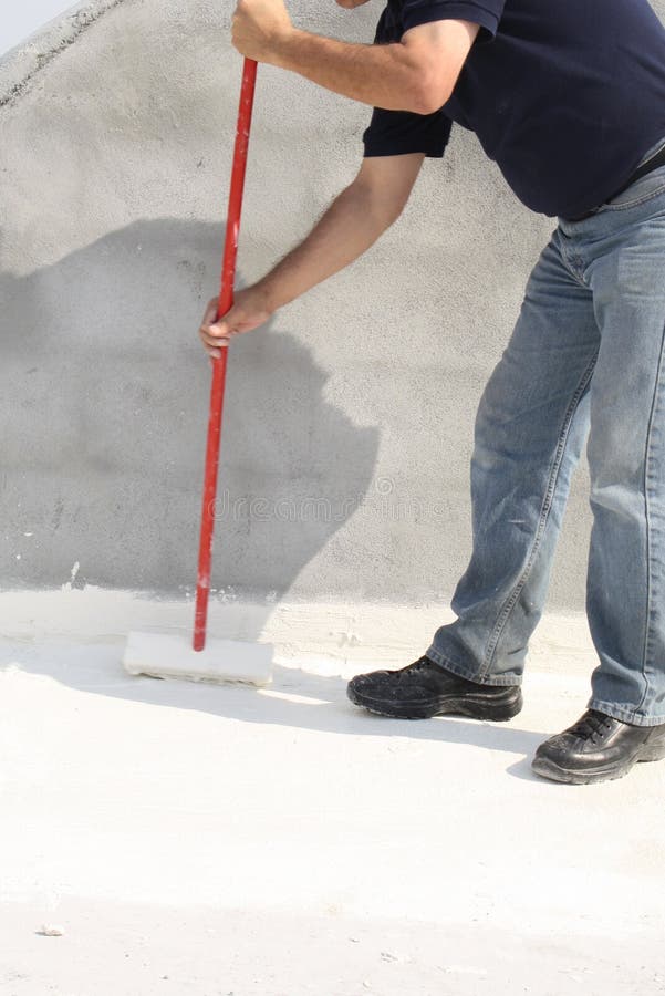 Worker Applying White Roof Coating Stock Image Image of building