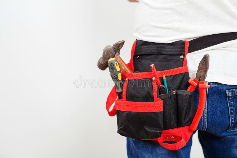 Worker Belt with Construction Tools, Closeup. Builder Wearing Belt with