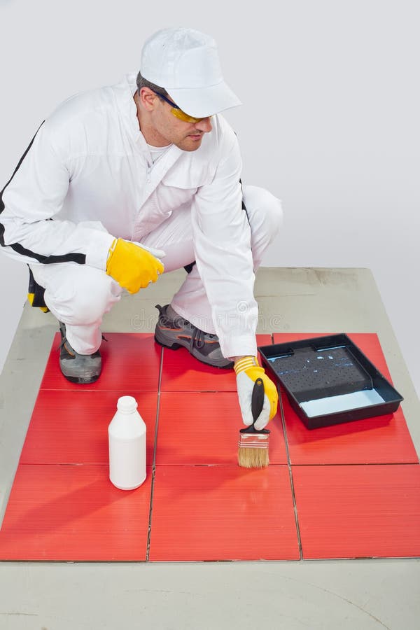 Worker Brush Primer Joints of Red Tiles Stock Image Image of built, building 25671163