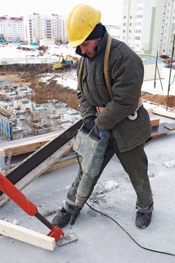 Worker Builder Drill and Concrete Stock Photo - Image of curb, drill