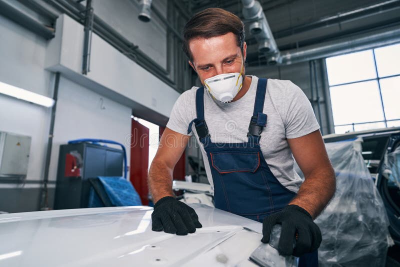Worker of Car Paint Using Hand Sander Stock Image Image of