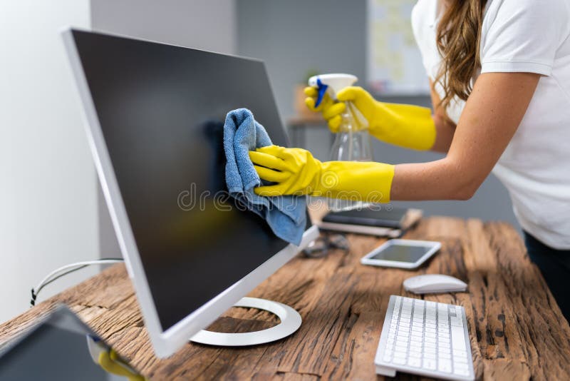 Worker Cleaning Desk with Rag Stock Image Image of female, keyboard