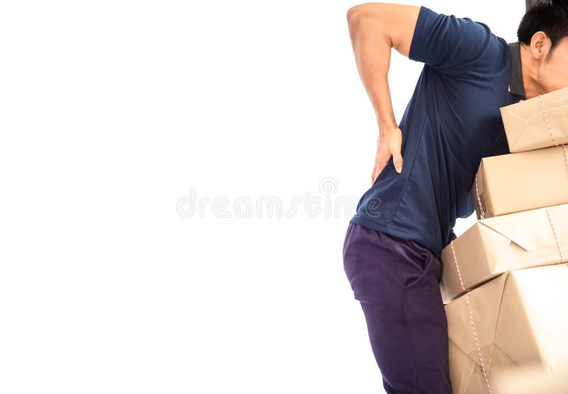 Worker courier male mover holding package parcels boxes with backache while lifting brown card boxes isolated on white background stock photos
