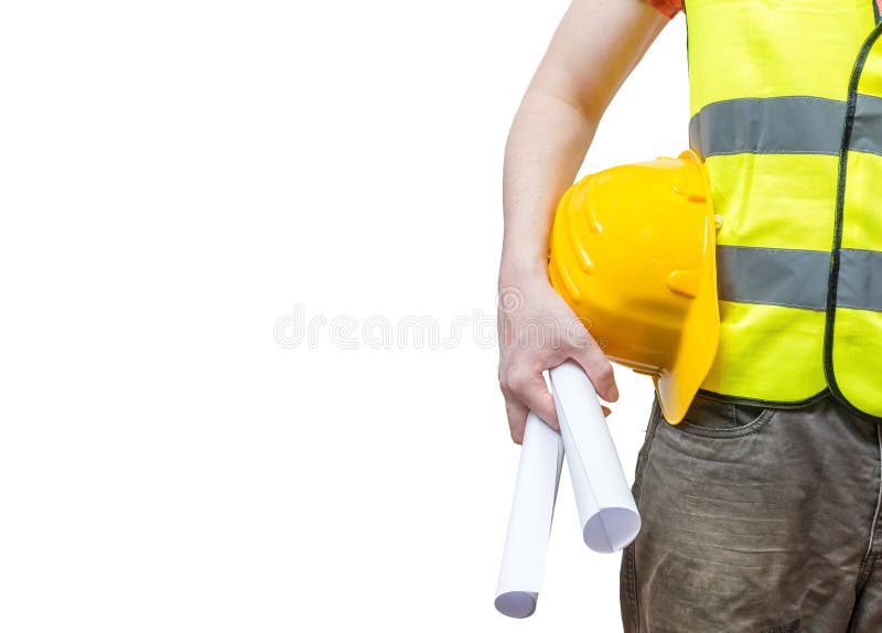 Worker (engineer) in yellow reflective vest holds papers. stock photos