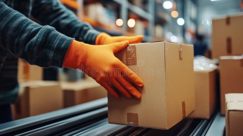Worker handling box on conveyor belt in warehouse with orange gloves royalty free stock image