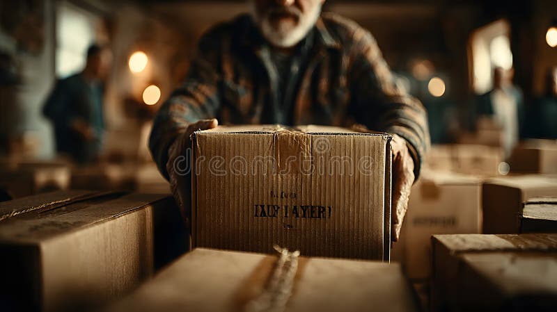 Worker handling cardboard box in rustic warehouse setting with warm lighting. stock photos
