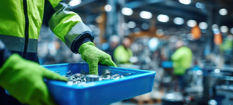 The worker handling metal components in a busy manufacturing facility. image royalty free stock image.