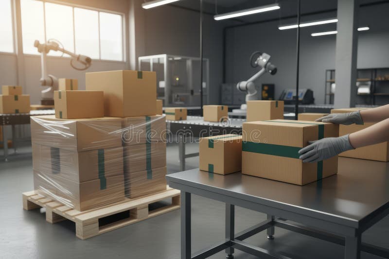 Worker handling packages in a modern automated warehouse royalty free stock photos
