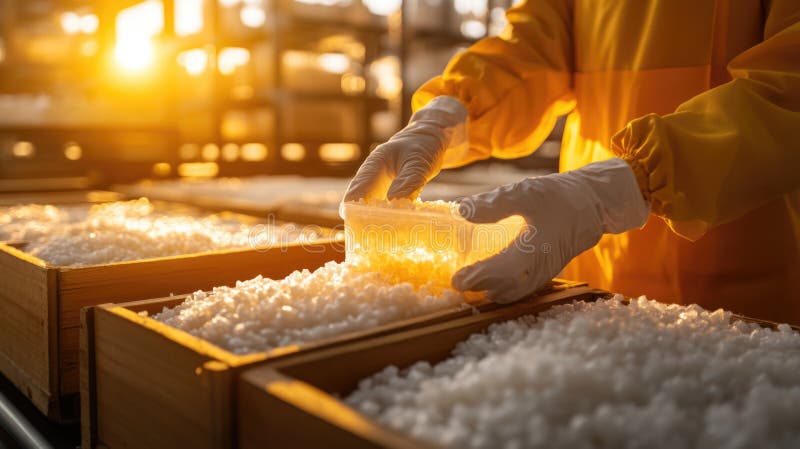 Worker handling salt crystals in sunlit factory warehouse stock photo