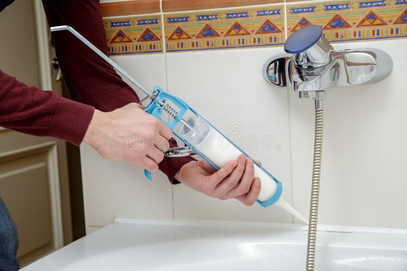 Worker Hands Applying Silicone Sealant. Stock Image Image of putting, caulking 72572757
