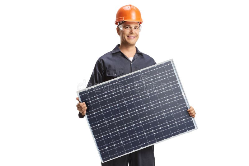 Worker holding a solar panel royalty free stock photo