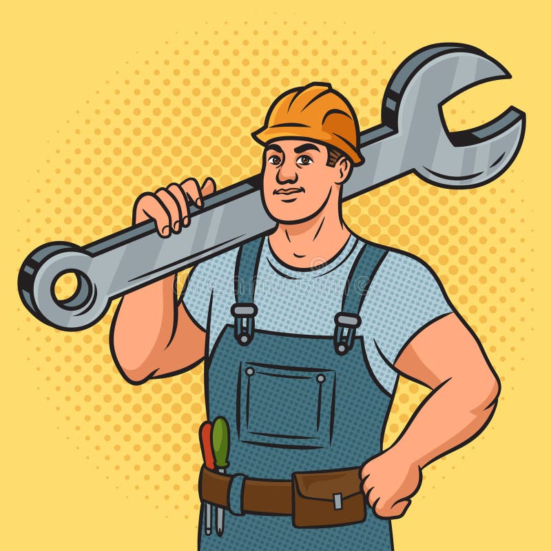 Worker with Huge Wrench Pop Art Vector Stock Vector - Illustration of ...