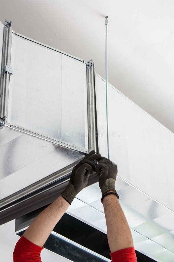 Worker Installing an Vent Duct Stock Image Image of drill, industry