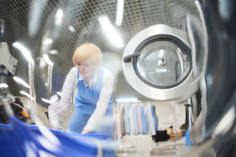 Worker Loads Laundry Clothing Washing Machine Stock Photos Free
