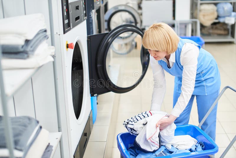 Worker Loads Laundry Clothing Washing Machine Stock Photos Free