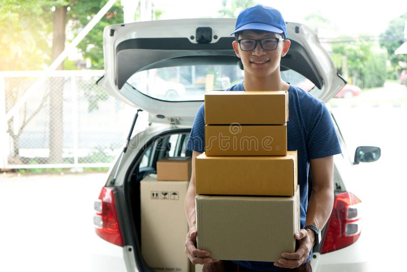 Worker Man Delivery the Boxs To Home Stock Photo Image of home