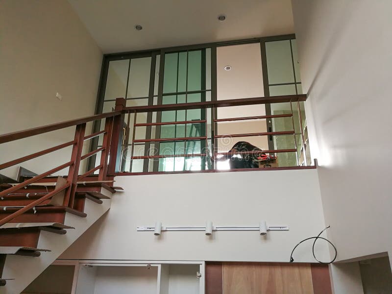 Worker Man Install New Glass Door And Wall For Separate Room In New House.  Beauty Interior Design Inside Home On Second Floor Stock Image - Image Of  Decoration, Handrail: 209673371
