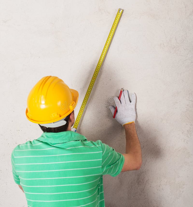 Worker Measuring Plaster Wall Stock Image Image of building, measure 36063645