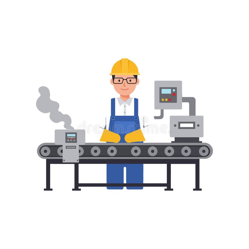 Worker operating machinery on conveyor belt in flat vector illustration stock illustration