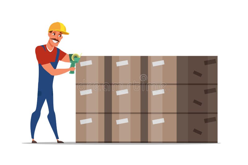 Worker Packing Boxes Cartoon Character Isolated on White Background