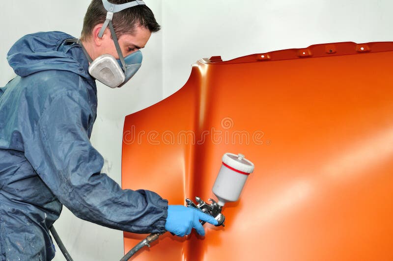 Worker Painting a Red Car in Painting Booth Using Spray Gun Stock Image Image of protective