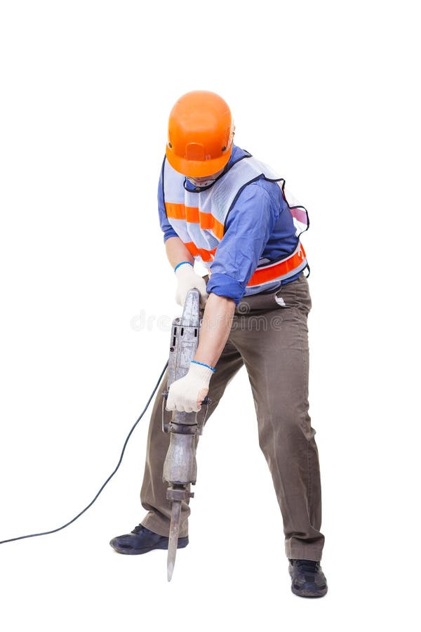Worker with Pneumatic Hammer Drill Equipment Isolated Stock Photo