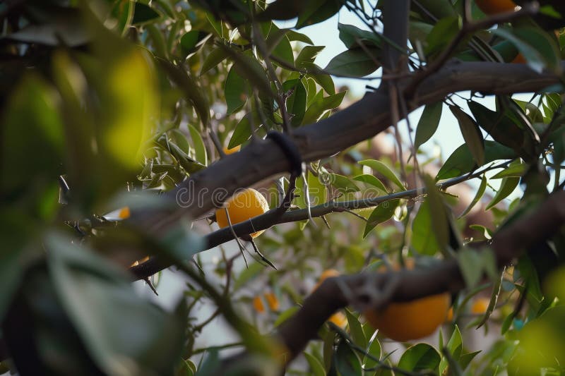 Worker pruning orange tree branches stock photo