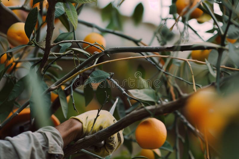Worker pruning orange tree branches stock photos