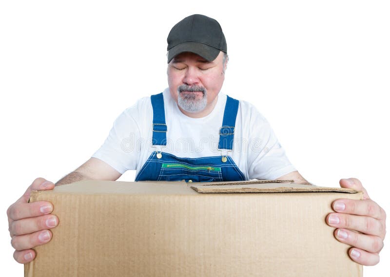 Worker psyching himself to lift a heavy box gripping it with his eyes closed and look of determination isolated on white