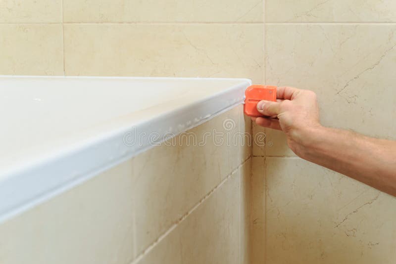 Worker Puts Silicone Sealant. Stock Image Image of wall, spatula