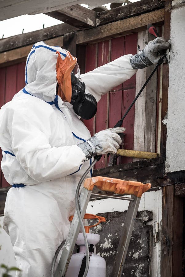 Team in Protective Gear Removing Asbestos in a House Stock Image
