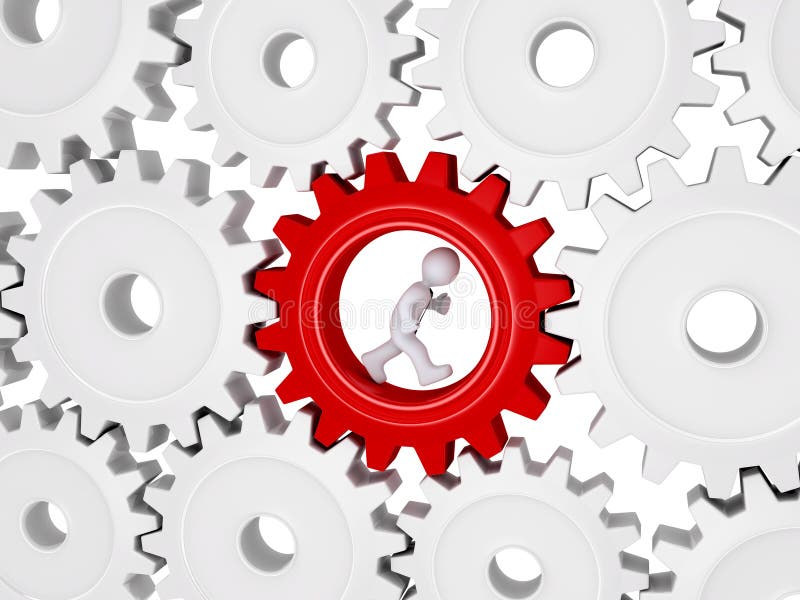 Worker running inside of one cogwheel out of many