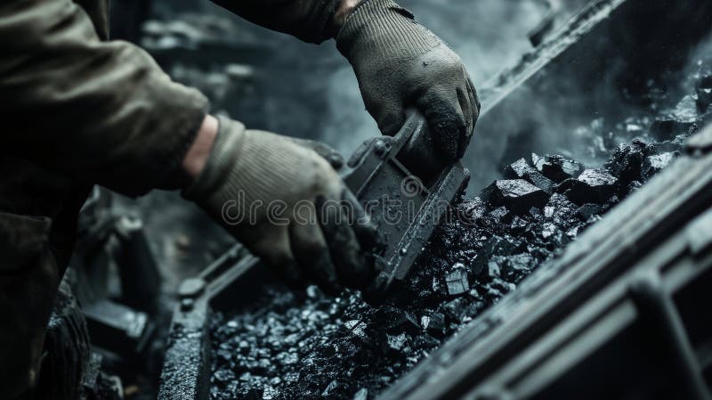 Worker\'s hands in protective gloves sorting coal pieces on an industrial conveyor belt stock illustration