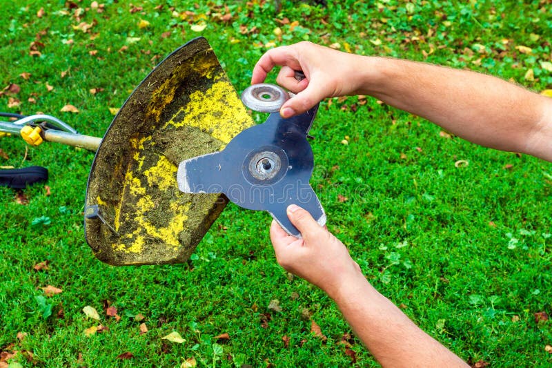 The Worker Sets the Knife into the Trimmer or Lawnmower that Lies on