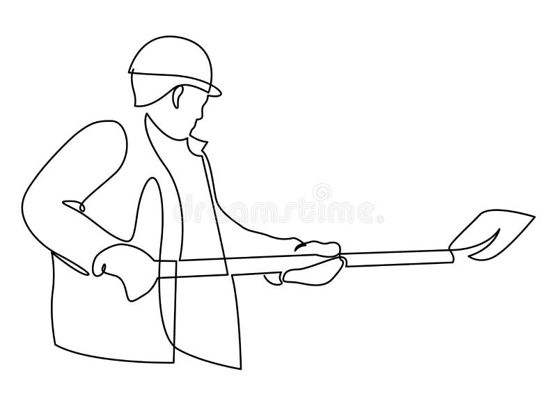 Worker with Shovel Continuous Line Drawing. Construction Tool Symbol