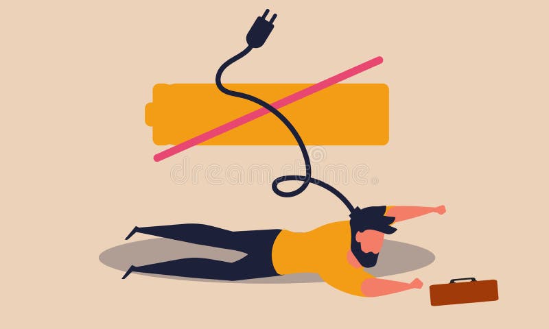 Worker sleep with low battery. Business break character and routine problem overwork vector illustration concept. Office man have vector illustration