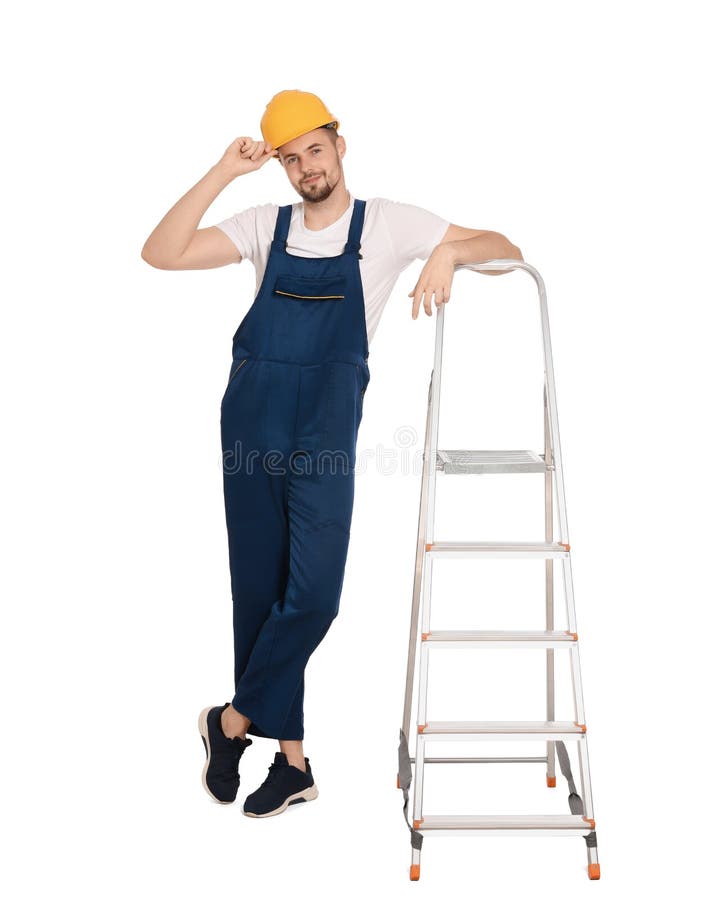Worker in Uniform and Hard Hat Near Metal Ladder on White Background