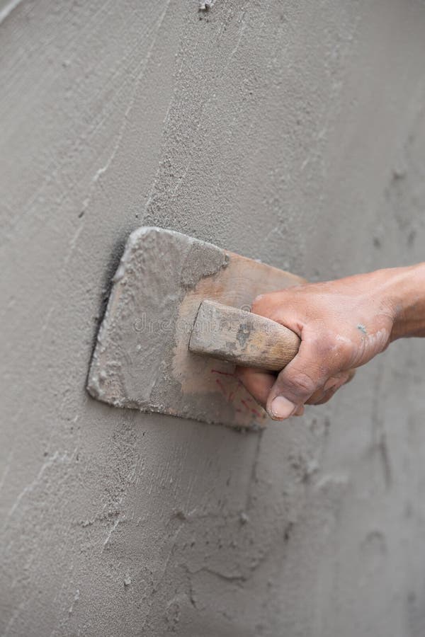 Worker Use Trowel Plastering Concrete at Wall Stock Image Image of renovation, concrete 73644413