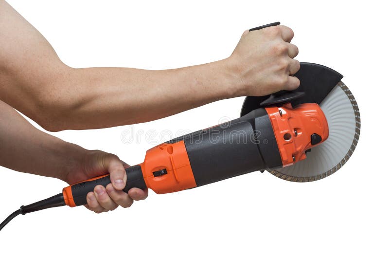 Worker is Using Angle Grinder, Hand Tool, Isolated Over White. Angle