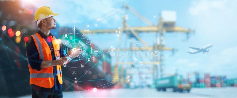 Worker using tablet on logistic network distribution and smart transportation on networking of container cargo ship, Industry stock photography