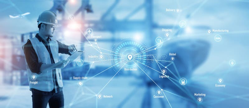 Worker using tablet on logistic network distribution and smart transportation on networking intelligent logistics container cargo royalty free stock photography